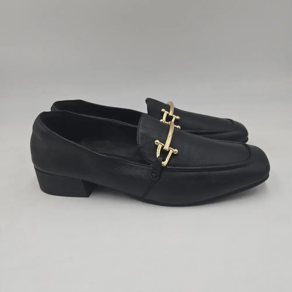 Clarks Womens Pure Block Leather Loafers 9.5 Black Gold Horsebit Comfort Classic